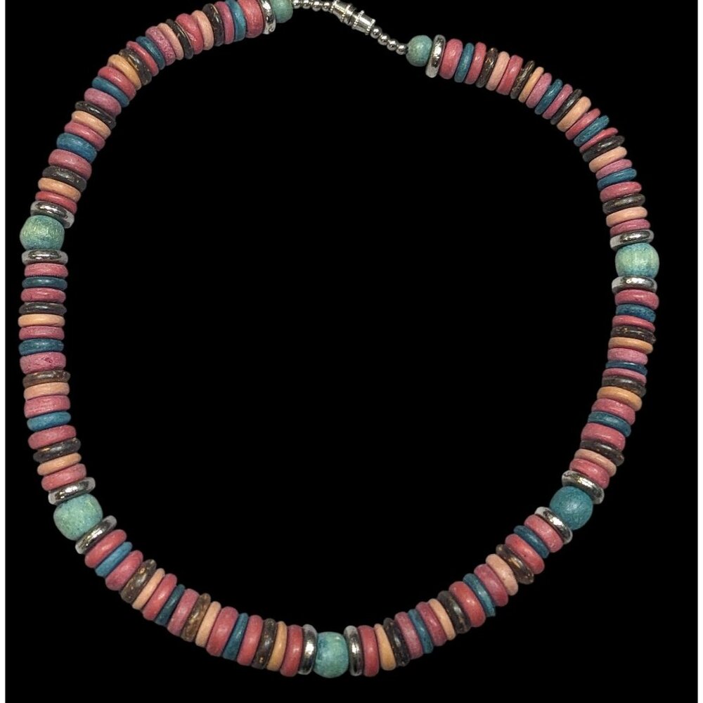 Retro Bohemian Rainbow Wood Disc Beaded Necklace